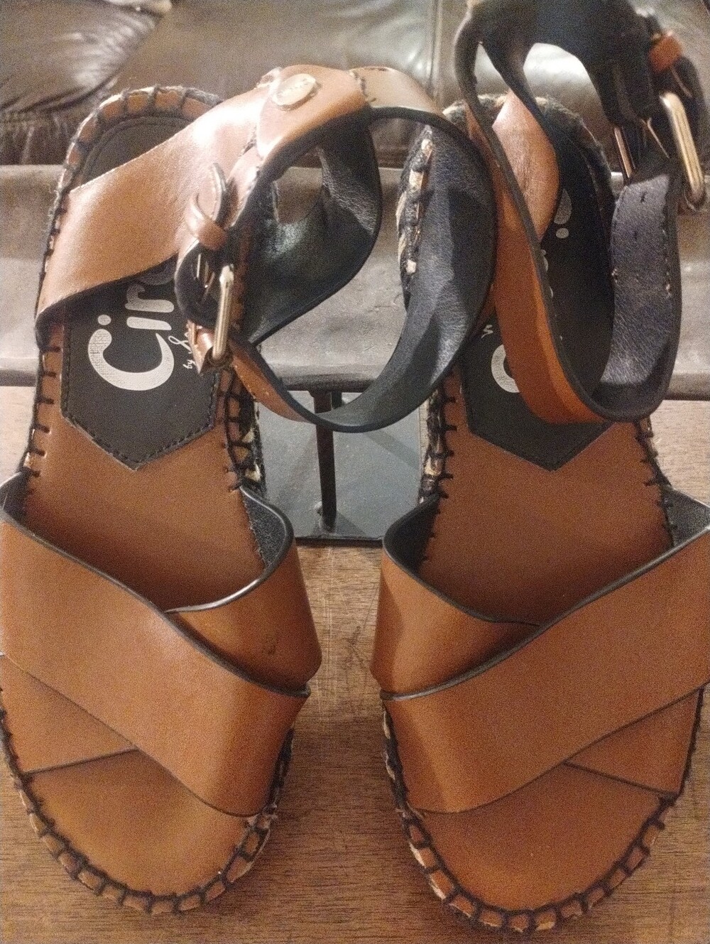Sam Edelman Tan Brown Leather Wedge Sandals with Ankle Strap
